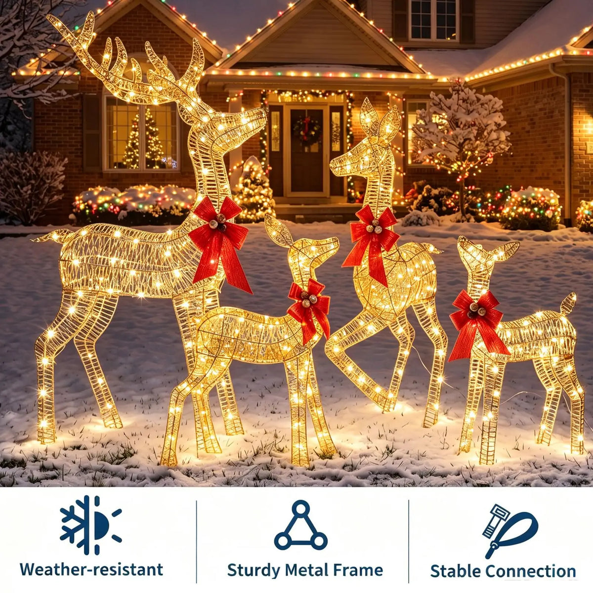 3 Piece Lighted Christmas Deer Family Outdoor, Gold Glitter Reindeer Yard Decor, 360 Warm White LED Lights, Buck Doe Fawn Set
