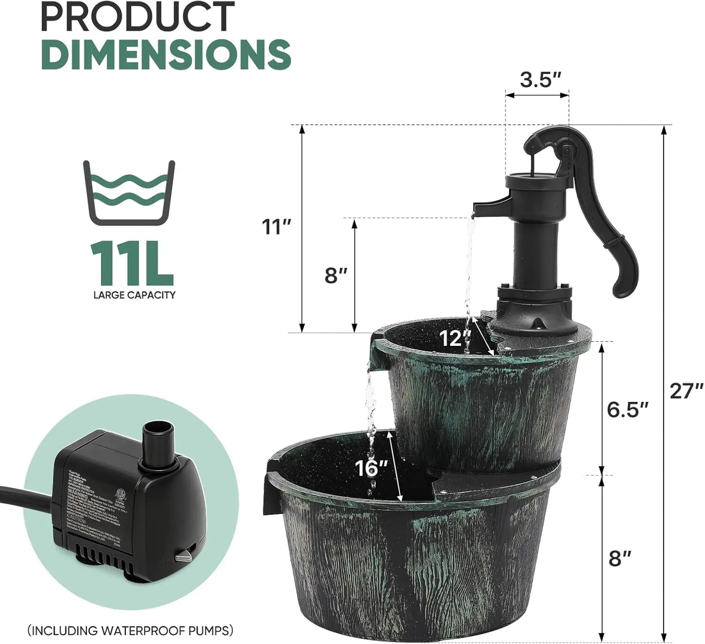 Freestanding Cascading Waterfall Fountain with Electric Pump, 2-Tier Garden Decor for Patio or Backyard in Dark Green