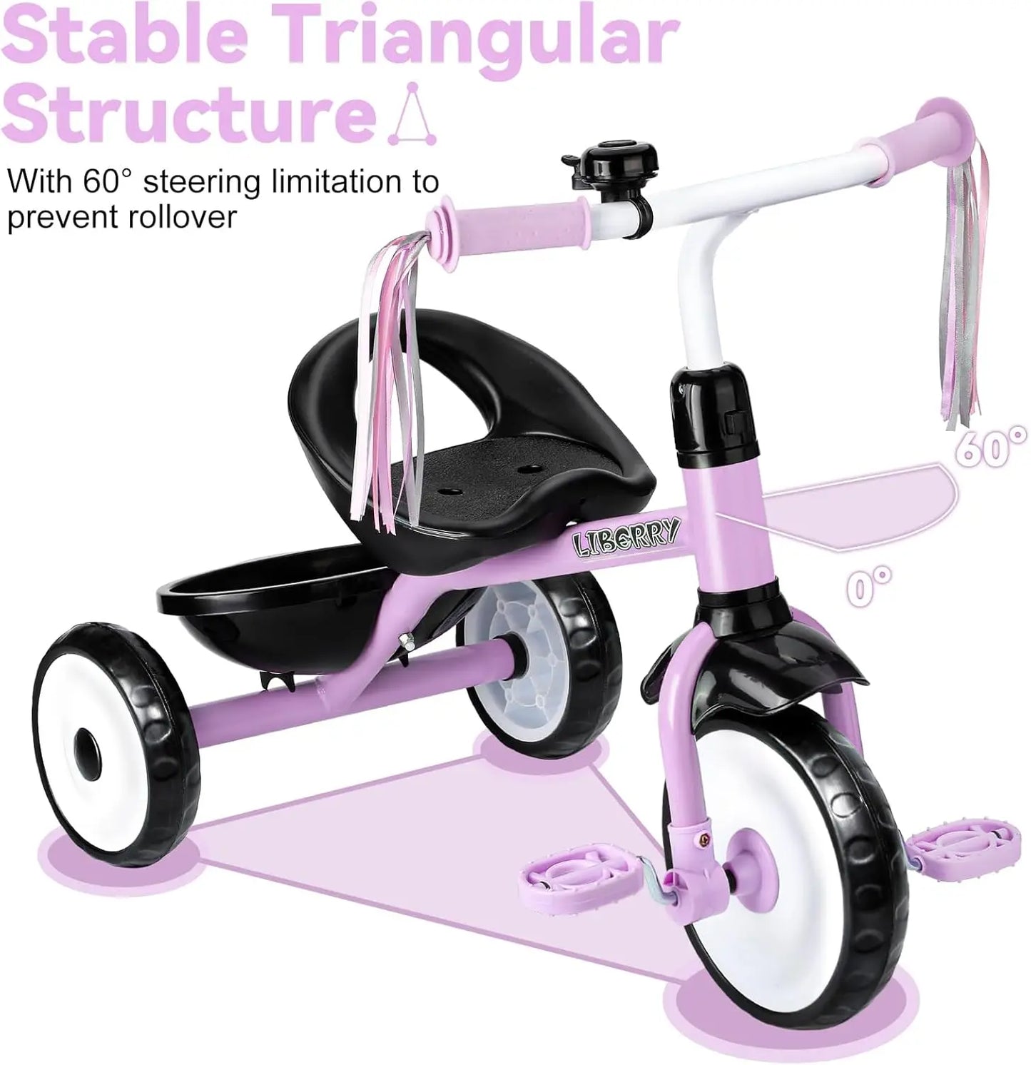 Toddler Tricycle for Ages 2-4, Kids Trike with Bell, Basket & Removable Pedal, Purple 3-Wheel Bike Toy Gift