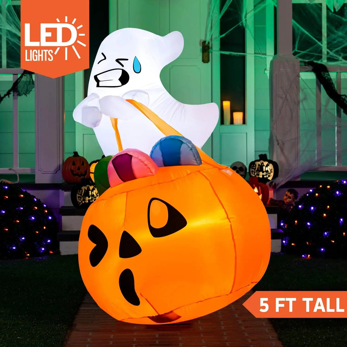 5 FT Tall Halloween Inflatables Outdoor Decorations Cute Ghost Blow Up Ghost Lift Pumpkin Candy Bag with Build-in LEDs For Halloween Gifts