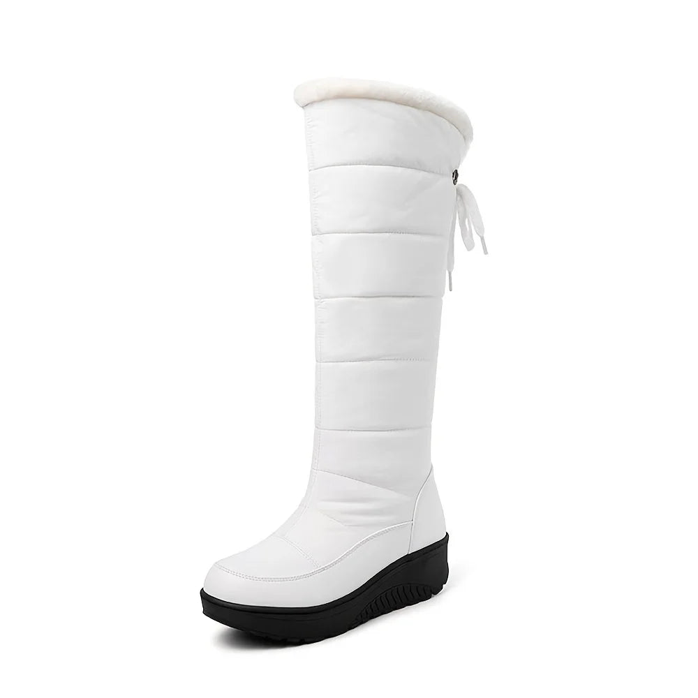 Women's Fuzzy Faux Fur Winter Snow Boots Fashion Platform Wedges Heel Pull On Waterproof Casual Comfy Knee High Boots Woman
