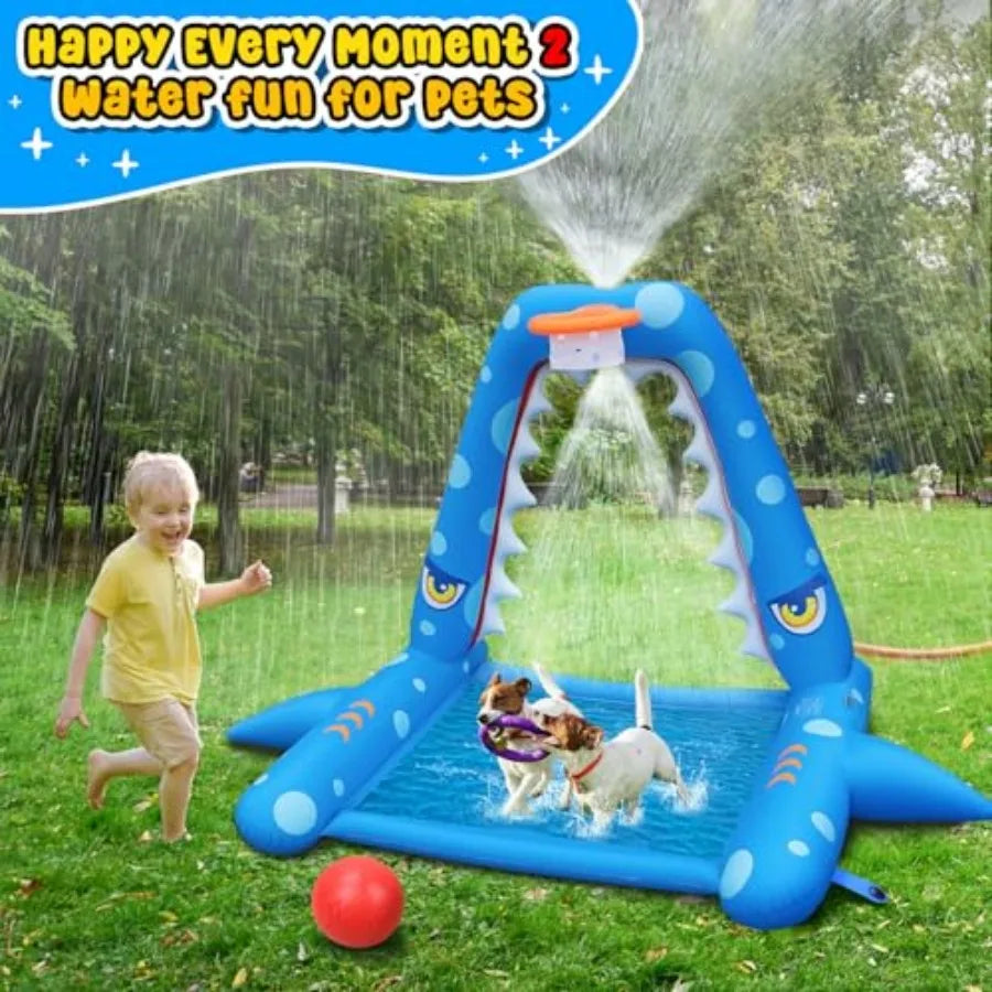 Sprinkler for Outdoor Play, Giant Inflatable Shark Water Toys Splash Pad with Basketball Hoop, Fun Sprinkler Summer Outdoor Gam