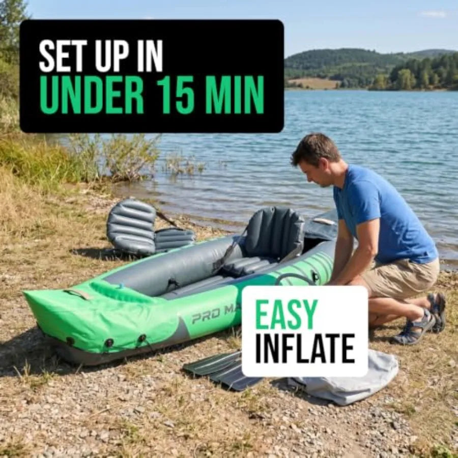Inflatable Tandem Kayak Set For Outdoor Water Sports, PVC Material, Blue And Gray, Includes Seats Paddles Pump And Carry Bag