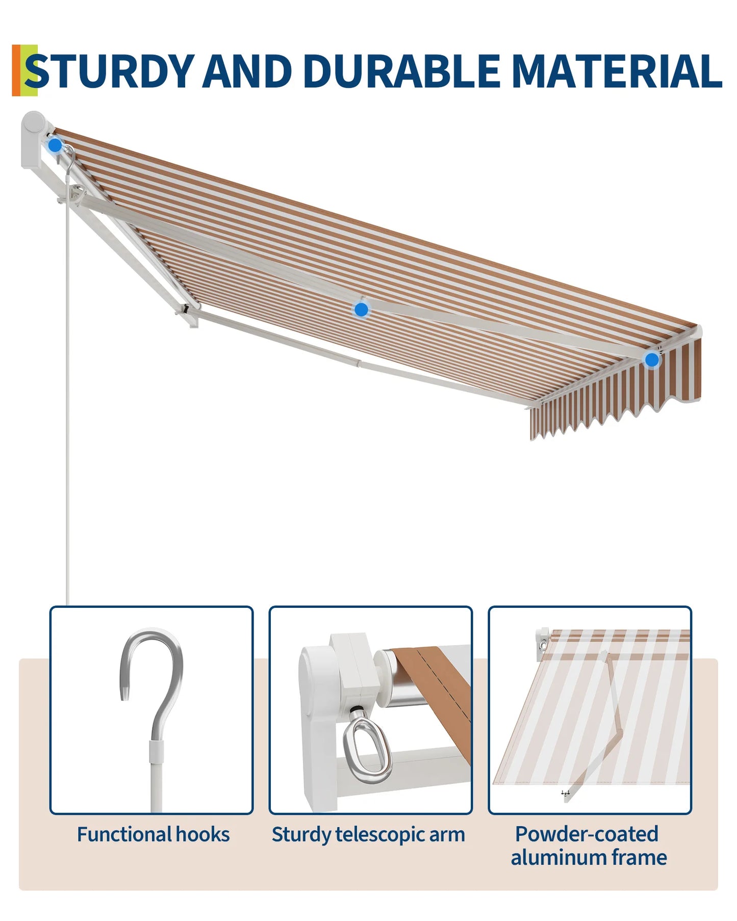 Retractable Waterproof Patio Dining Set Awning Manual Crank Heavy Duty Aluminum Frame Sun Shade for Deck Porch Balcony