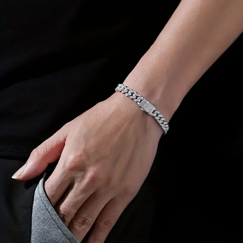 JIU ZUAN S925 Silver Moissanite Light Of Faith LuxuriousBracelet For Men And Women, Cuban Chain,For Engagement, Anniversary