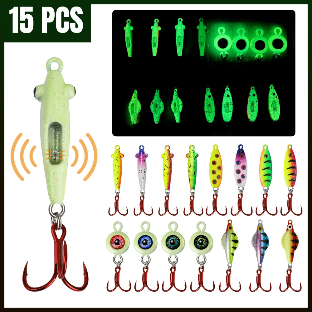 15PCS Ice Fishing Jigs Set - Glow In The Dark Ice Fishing Spoons With Rattling And Treble Hooks, Ice Fishing Lures Kit For Bass