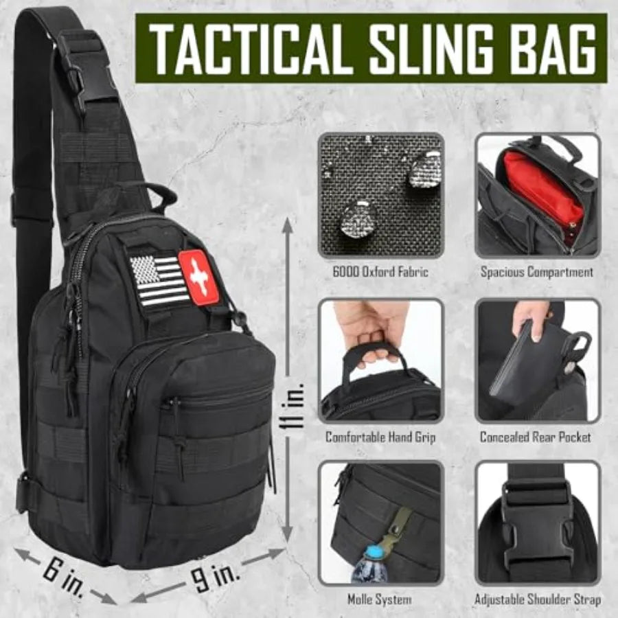 268 Pcs Survival Kit Emergency Gear with First Aid Kit Camping Axe Headlamp Crossbody Bag for Hiking Hunting Black