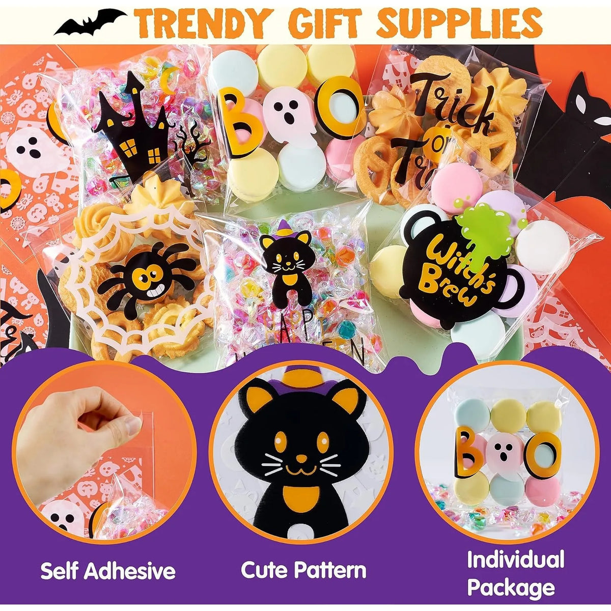 150 PCS Cellophane Treat Bags Halloween Self Adhesive Clear Cookie and Candy Bags for Kids Trick or Treating, Small Goodie Gift Ziplock Bag Bulk for Halloween Party Favors Supplies in 6 Designs