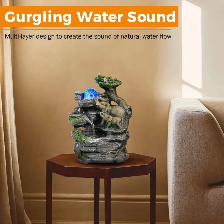 Tabletop Fountain,Relaxation Water Feature Feng Shui Indoor Fountain of Elephant Sculpture with Colorful Spinning Ball for Home