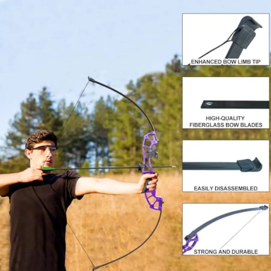 Recurve bow set for adult training and target practice, fiberglass limbs with maple riser, black finish, 30lb or 40lb draw weig