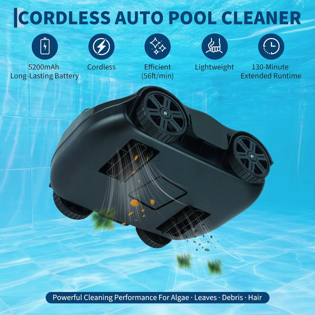Automatic Cordless Pool Vacuum Robot, 130-Min Runtime, Self-Parking Cleaner For Above-Ground Pools Up To 860 Sq Ft