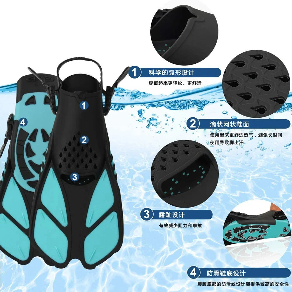 Adjustable Snorkel Fins for Adults and Teens Soft Silicone Diving Fins Comfortable Breathable Swim Fins for Snorkeling Diving 
