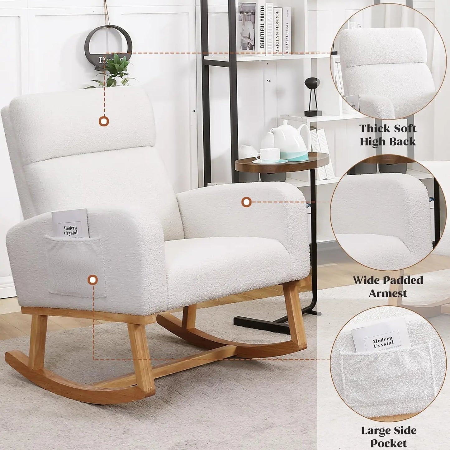 Rocking Chair Nursery, Sherpa Nursing Rocking Armchair for Mom Nursery Morden Rocker Chair with High Backrest, Customized