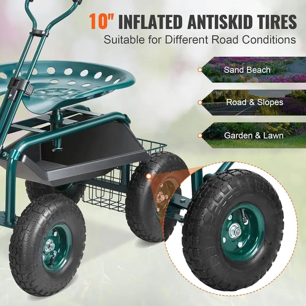360° Swivel Garden Cart with Seat, Rolling Workstation, Patio and Yard Utility Scooter, Green