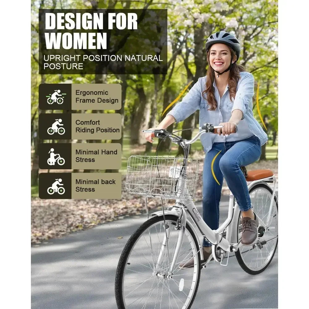 24-26 Inch Adjustable Beach Cruiser Bike with 7-Speed, Lock, Comfortable Seat, Basket, and Ergonomic Handlebars for Adults