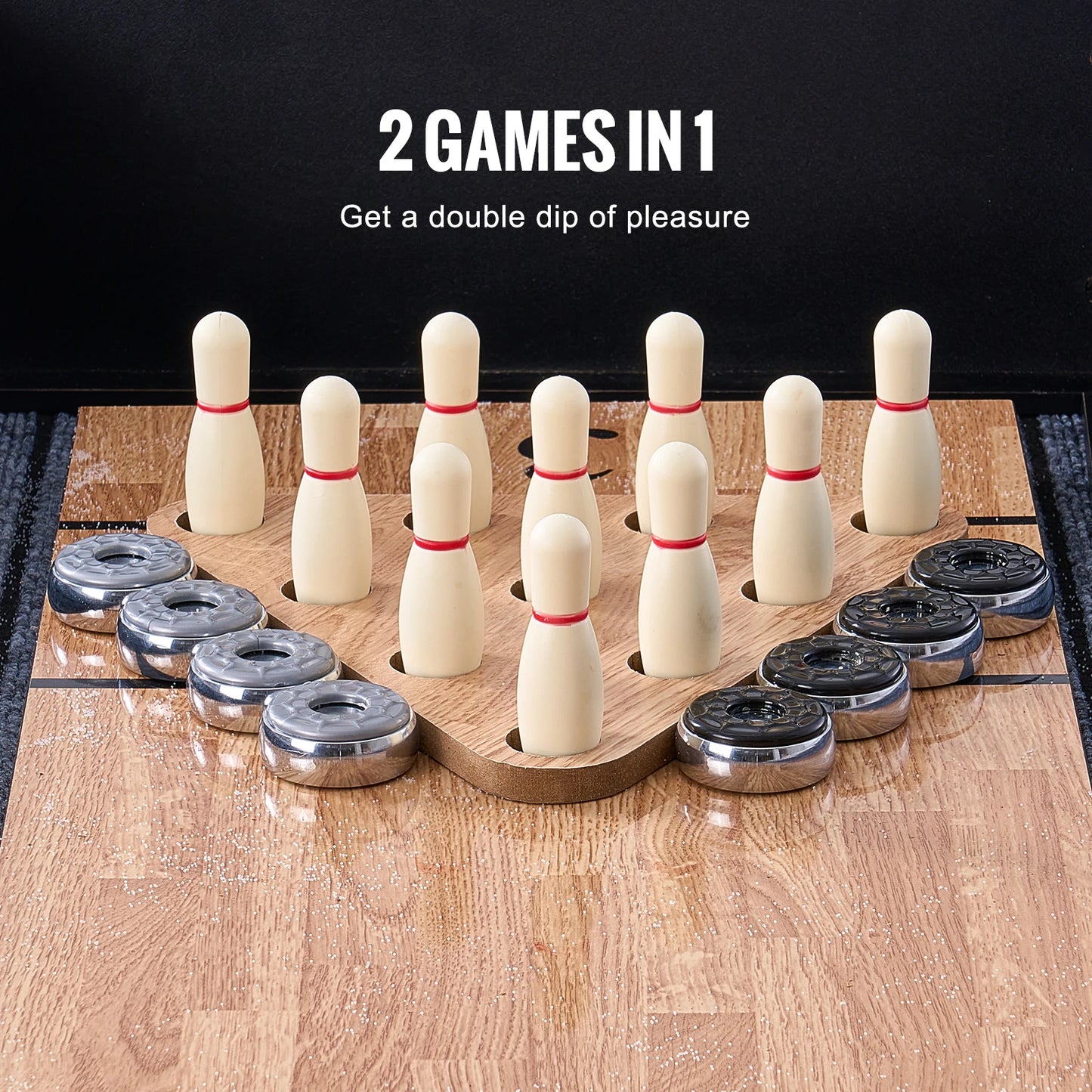 SucceBuy Shuffleboard Table 9 ft LED Light Up Shuffleboard for Family Game Room 2-in-1 Shuffleboard and Bowling Combo Game Sets