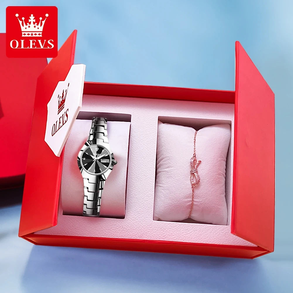 OLEVS Women Watch Quartz Rhombus Mirror Original Quartz Watch for Women Waterproof Luminous Stainless Steel Wristwatch Date Week