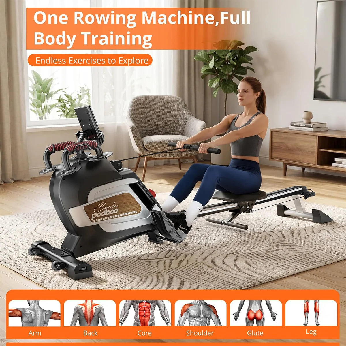Pooboo Rowing Machine for Home, Foldable Magnetic Rowing Machine,14 Levels Quiet Resistance, Rower Machine with 350 LB Weight Capacity, Comfortable Padded Seat