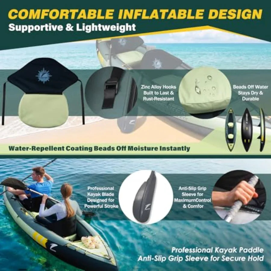 Inflatable Touring Kayak For Lake River And Fishing Use, Pvc Material, Blue And Gray, Lightweight With Waterproof Seat And Full