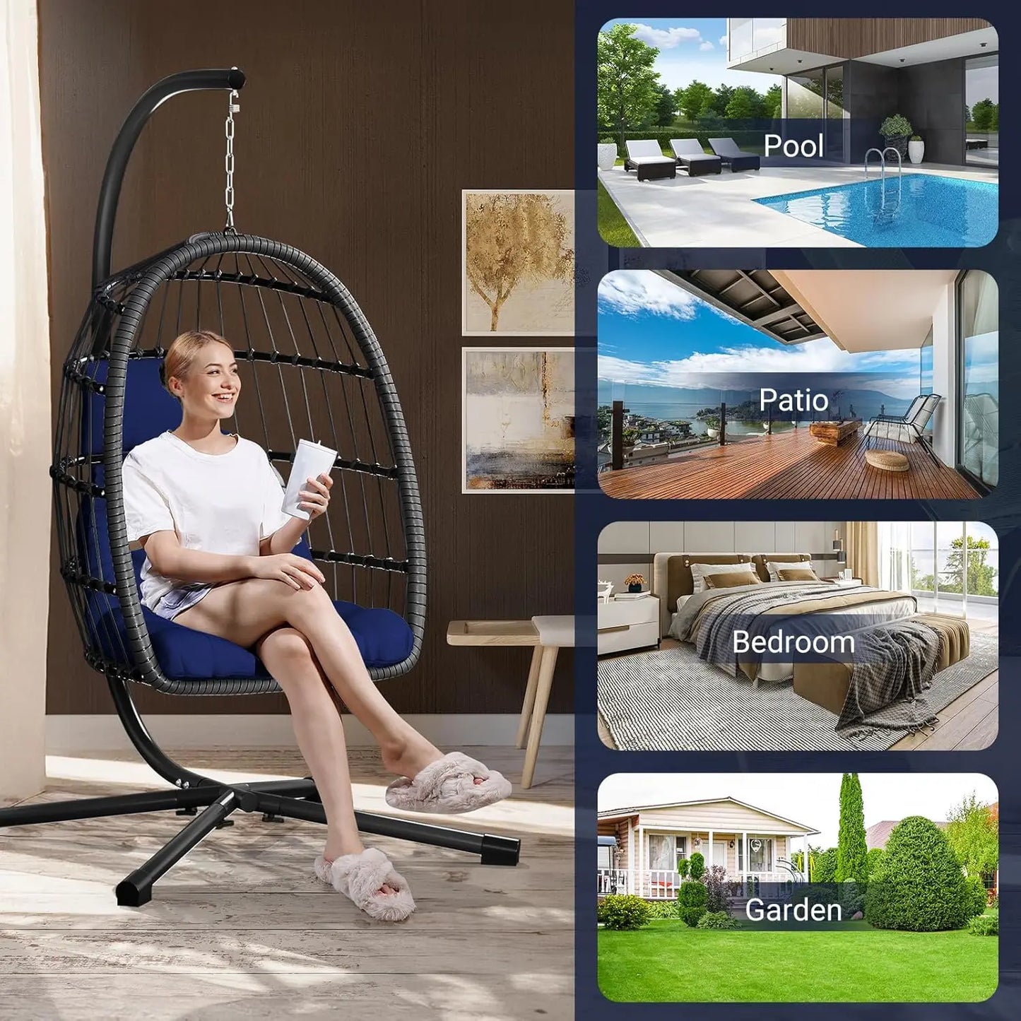 Rattan Wicker Hanging Swing Egg Chair with Stand Hammock Chair Thickened Aluminum for Porch Garden, Customized
