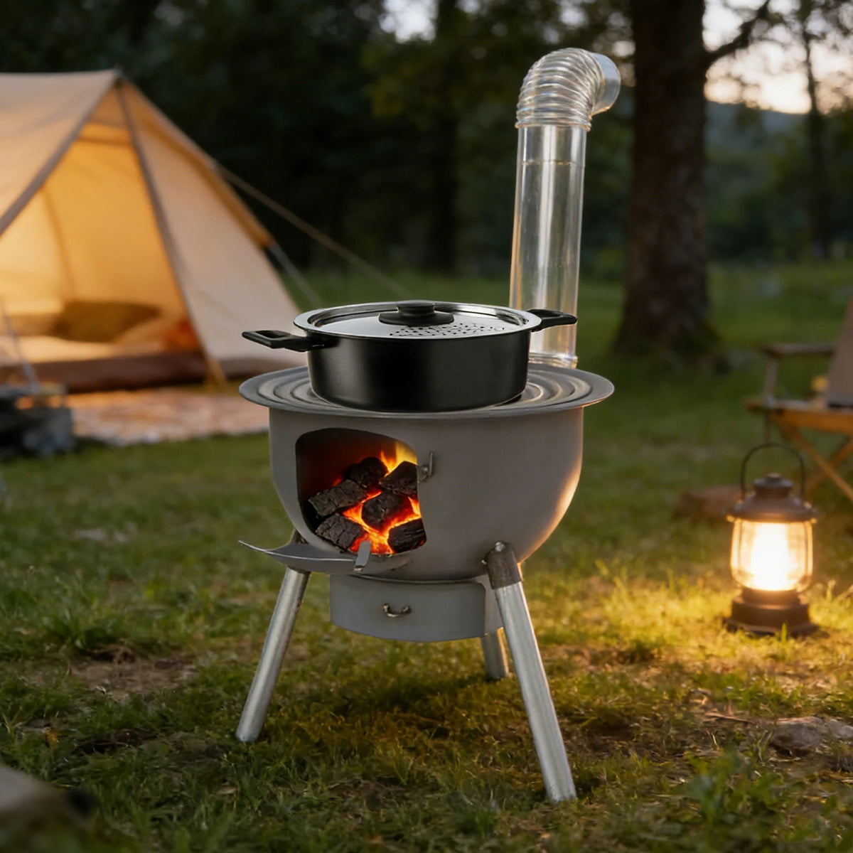 Portable Camping Wood Stove Multifunction Fire Pit with Grill Grate 3 Pot Rings Ash Tray for Outdoor Picnic Backyard BBQ Heating