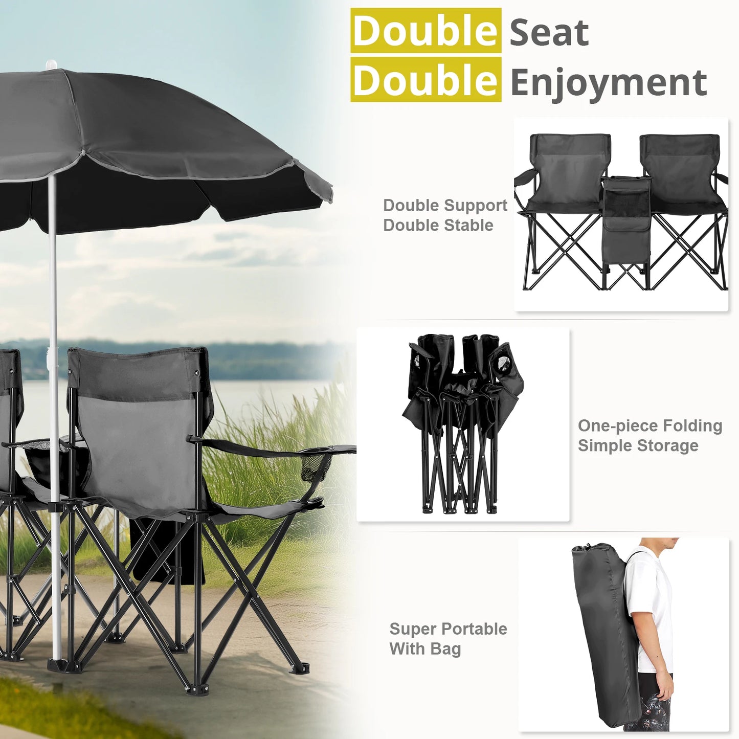 Portable Outdoor 2 Seat Folding Chair with Removable Sun Umbrella Steel Tube Oxford Fabric Heavy Duty for Fishing Black