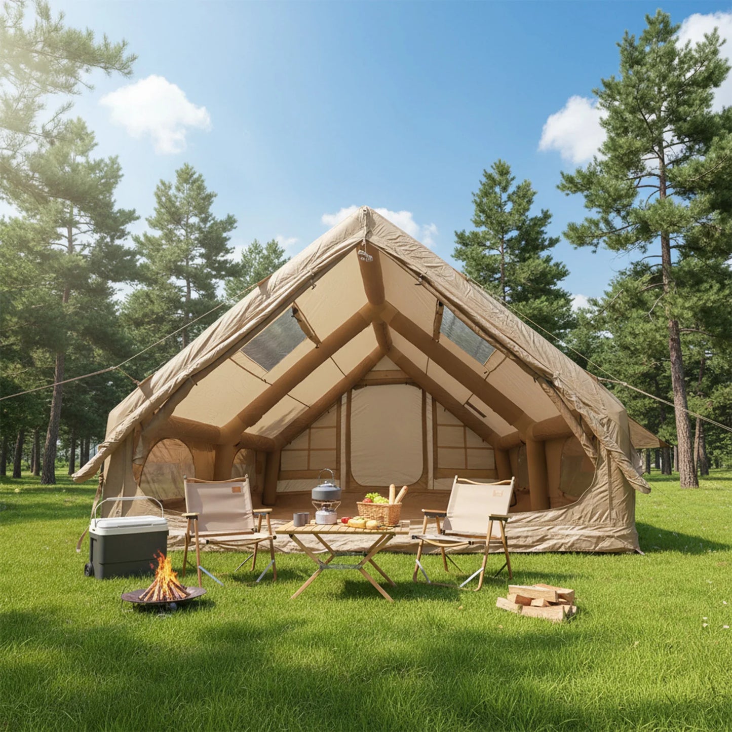 420D Oxford Cloth Camp Tent with Mesh Windows & Pump 4 Season Big House 130 Square Feets with Stove Jack for Pincnic & Travel