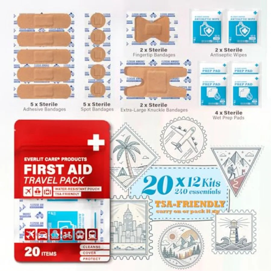 EVERLIT CARE Travel Bandage Pack 12 Individual Packets, Bulk Portable Mini First Aid Kit with 20 On-the-Go entials Compact Wate