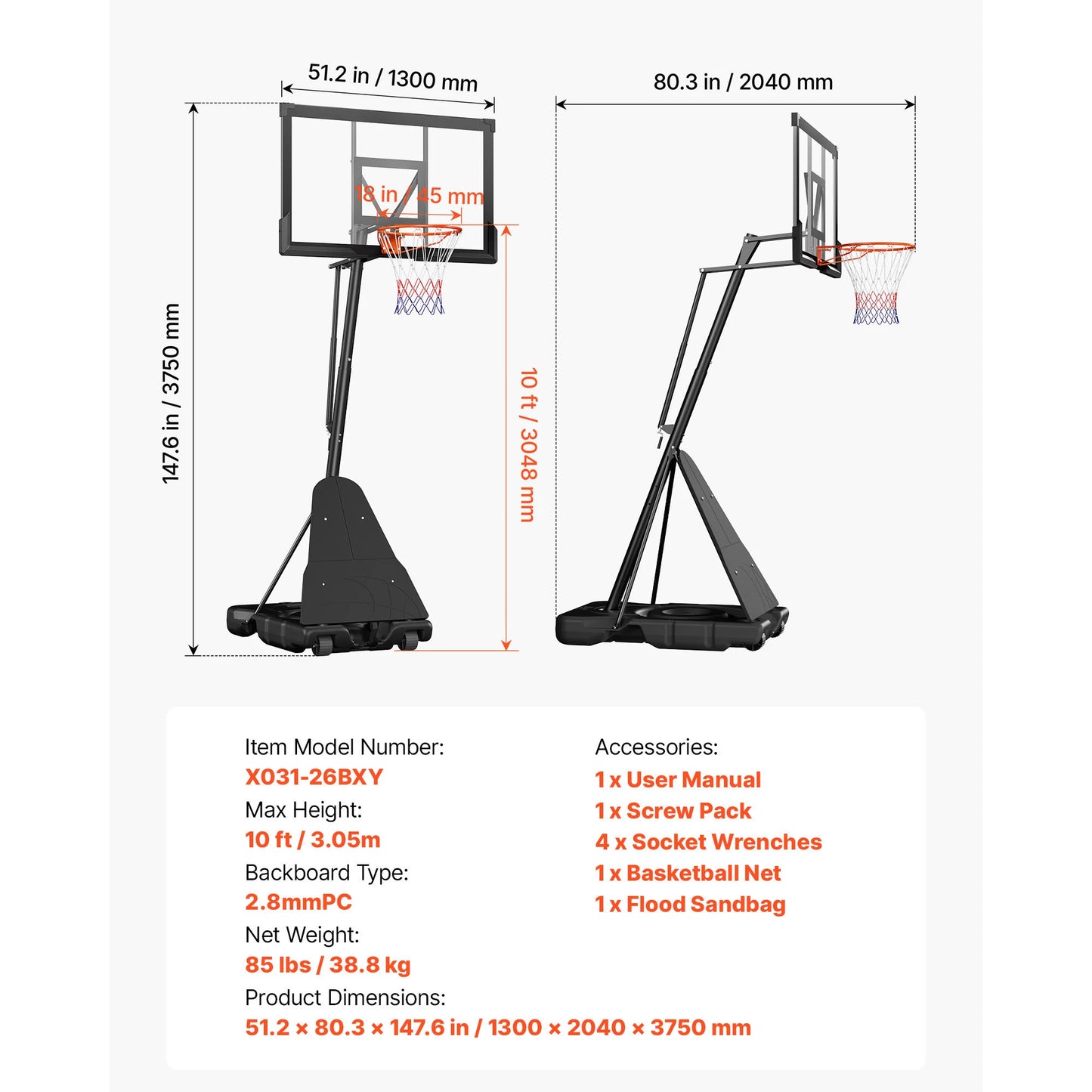 SucceBuy Portable Basketball Stand Height Adjustment Basketball Hoop & Goal Basketballs Hoop with 44 -54 inch PC Backboard