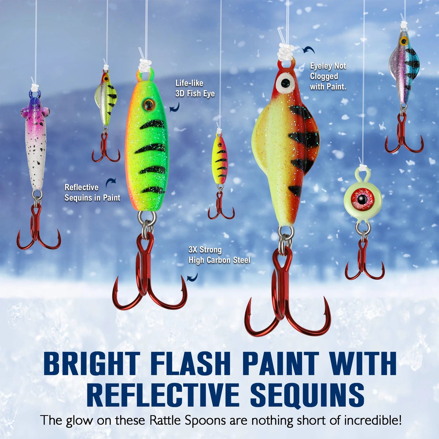 15PCS Ice Fishing Jigs Set - Glow In The Dark Ice Fishing Spoons With Rattling And Treble Hooks, Ice Fishing Lures Kit For Bass