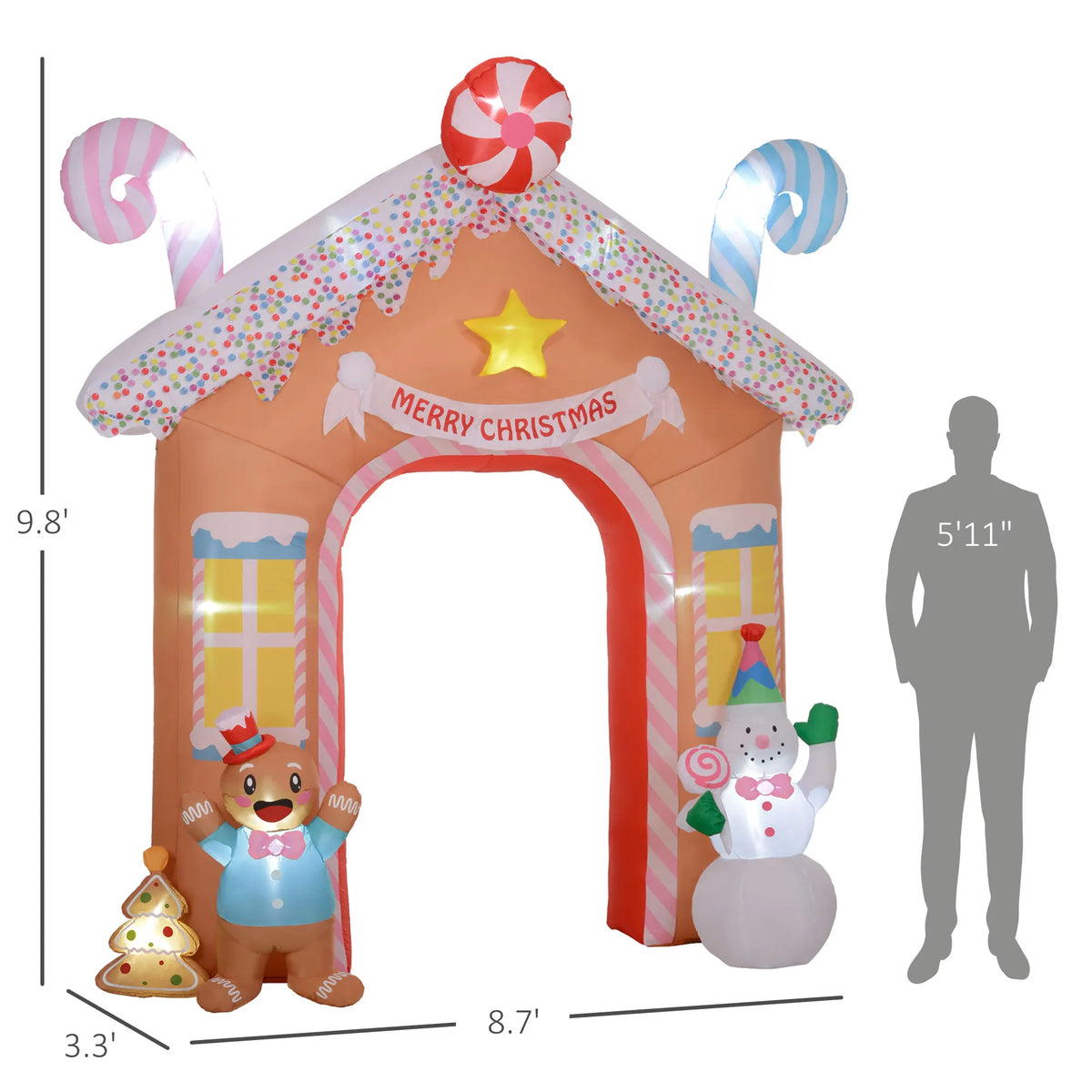 Outsunny 10FT Christmas Inflatable Gingerbread House Archway, Giant Christmas Inflatables, Huge Blow Up Christmas Decorations with LED Lights for Indoor, Outdoor, Yard, Party