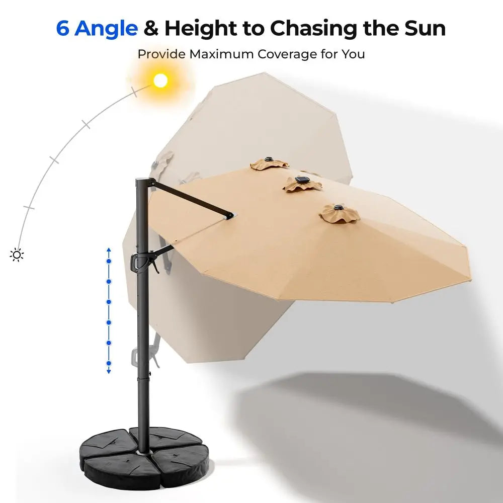 15FT Cantilever DoubleSided Umbrella with Solar Light and Base, Rectangle Oversized Offset Patio Umbrellas, Extra Large Outdoor