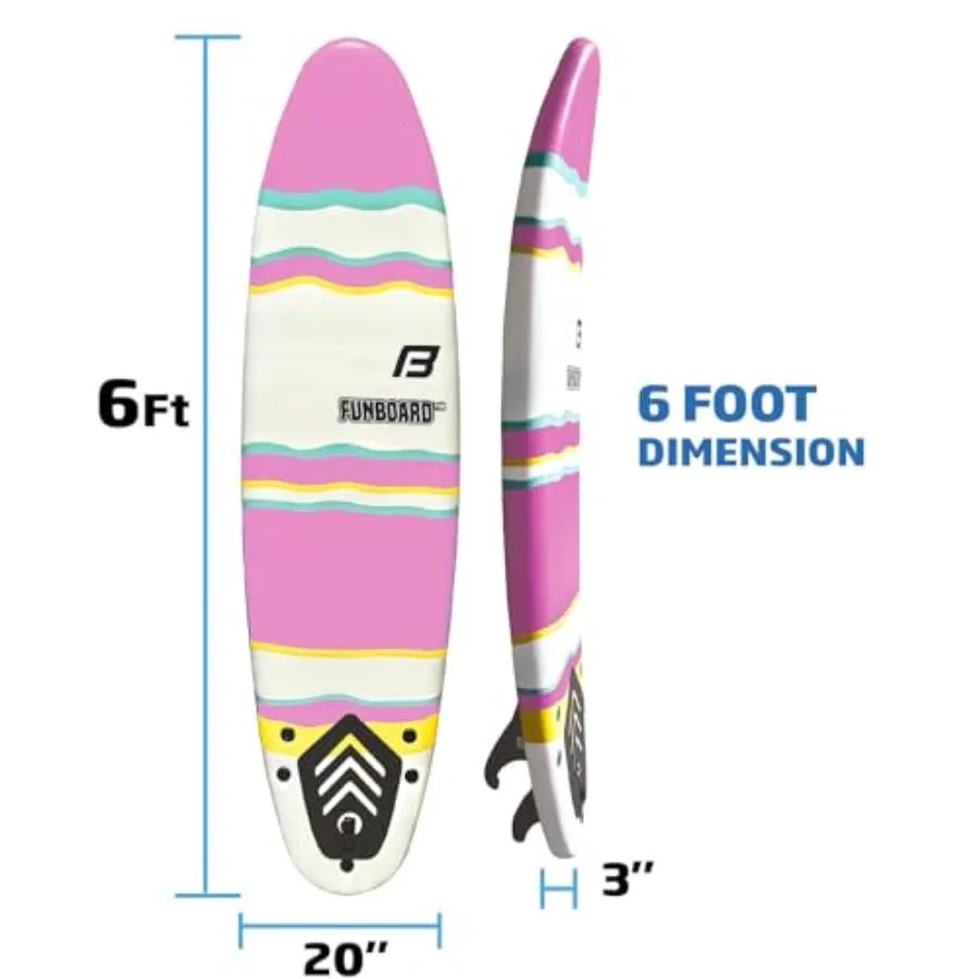 6' Funboard Softboard Foam Surfboard with 3 Fins 6' Foot Leash 2 Wood Stringers - Ideal for and Adults Beginners and Intermedia