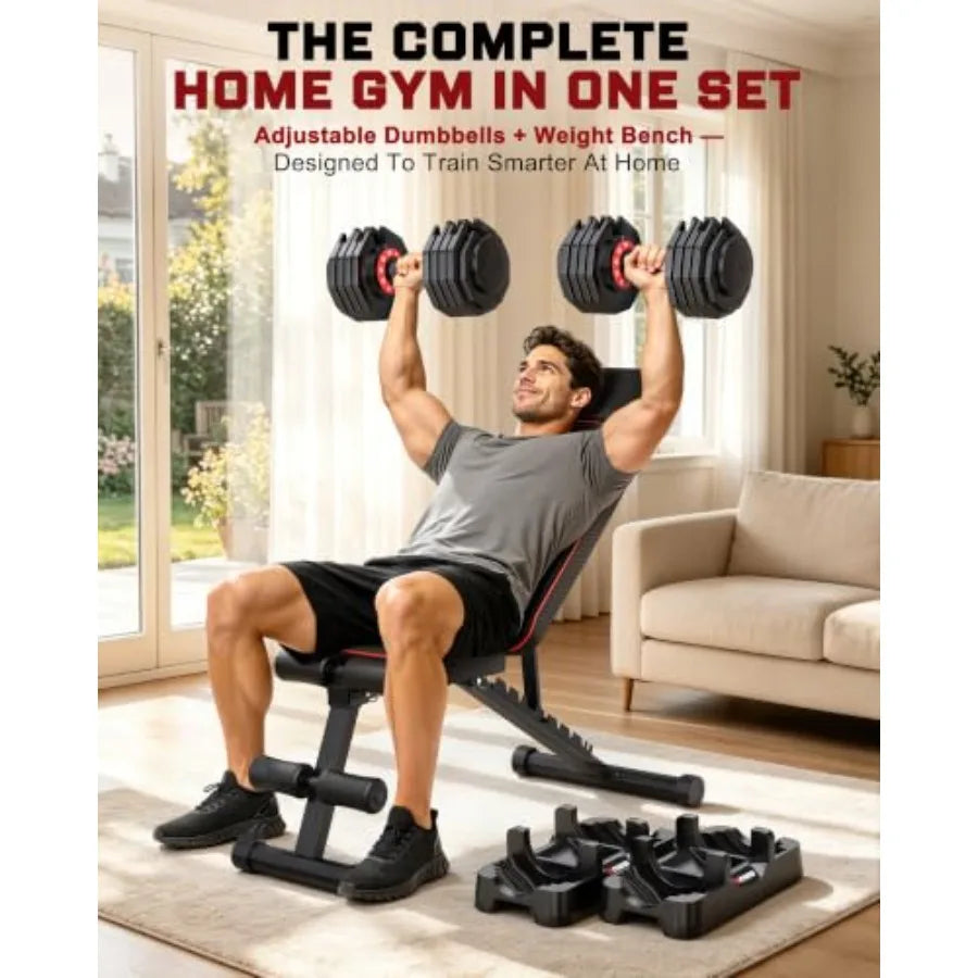 Adjustable Dumbbell Set with Workout Bench at Home