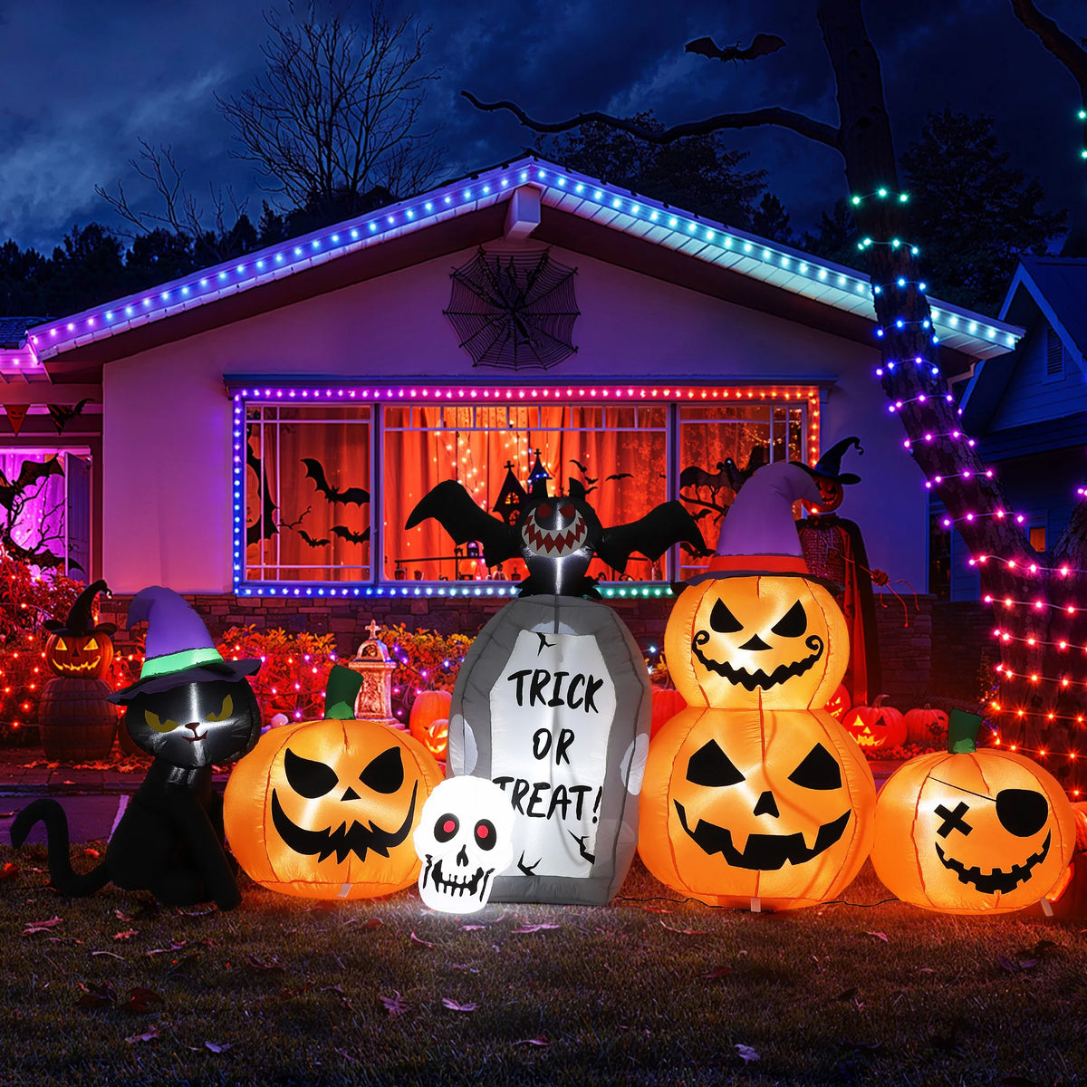 8ft Halloween Pumpkin Black Cat Tombstone Inflatable Yard Decor With Led Lights, Blow Up Outdoor Decoration For Lawn Garden Porch Party