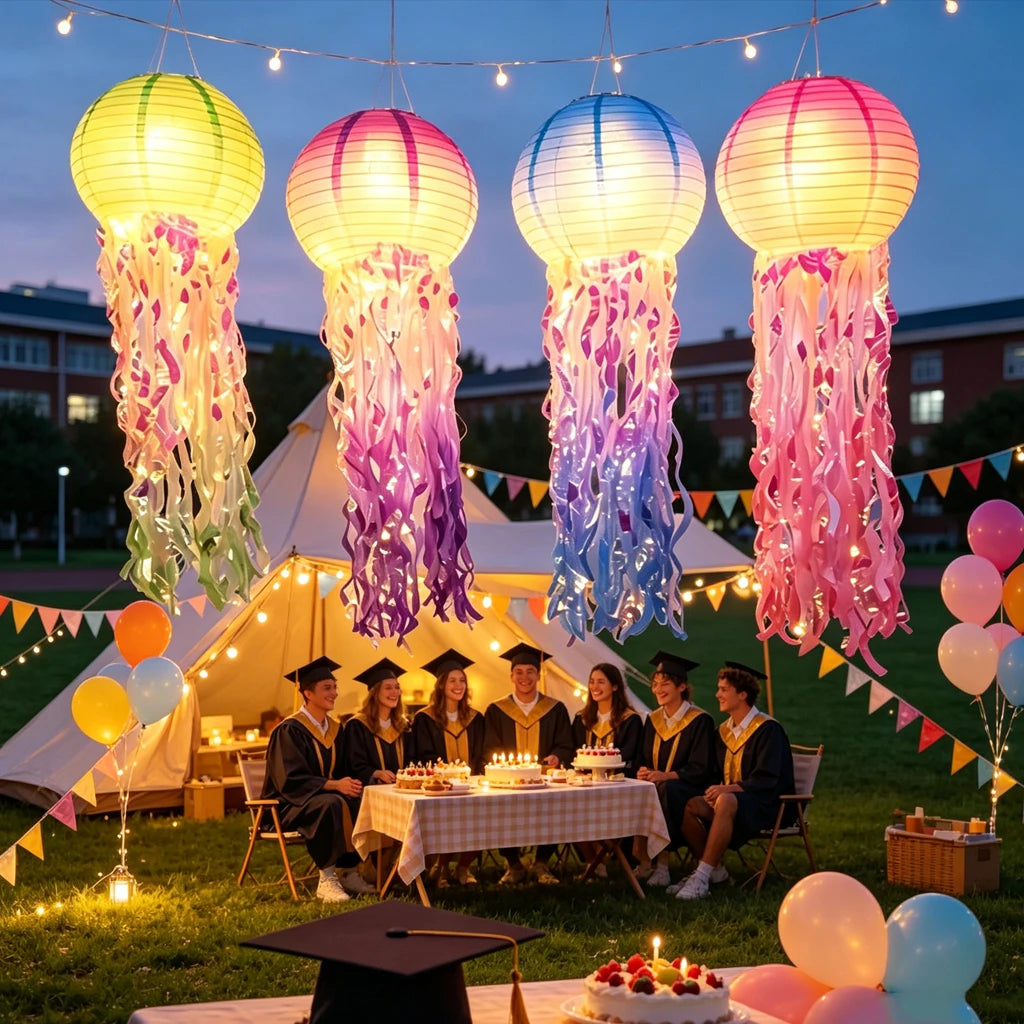 4PCS LED Jellyfish Paper Lanterns with Iridescent Tinsel Tassels, Glow Hanging Mermaid Ocean Themed Party Decor, Glow In Dark Lantern for Birthday, Wedding, Graduation, Under The Sea Party Supplies