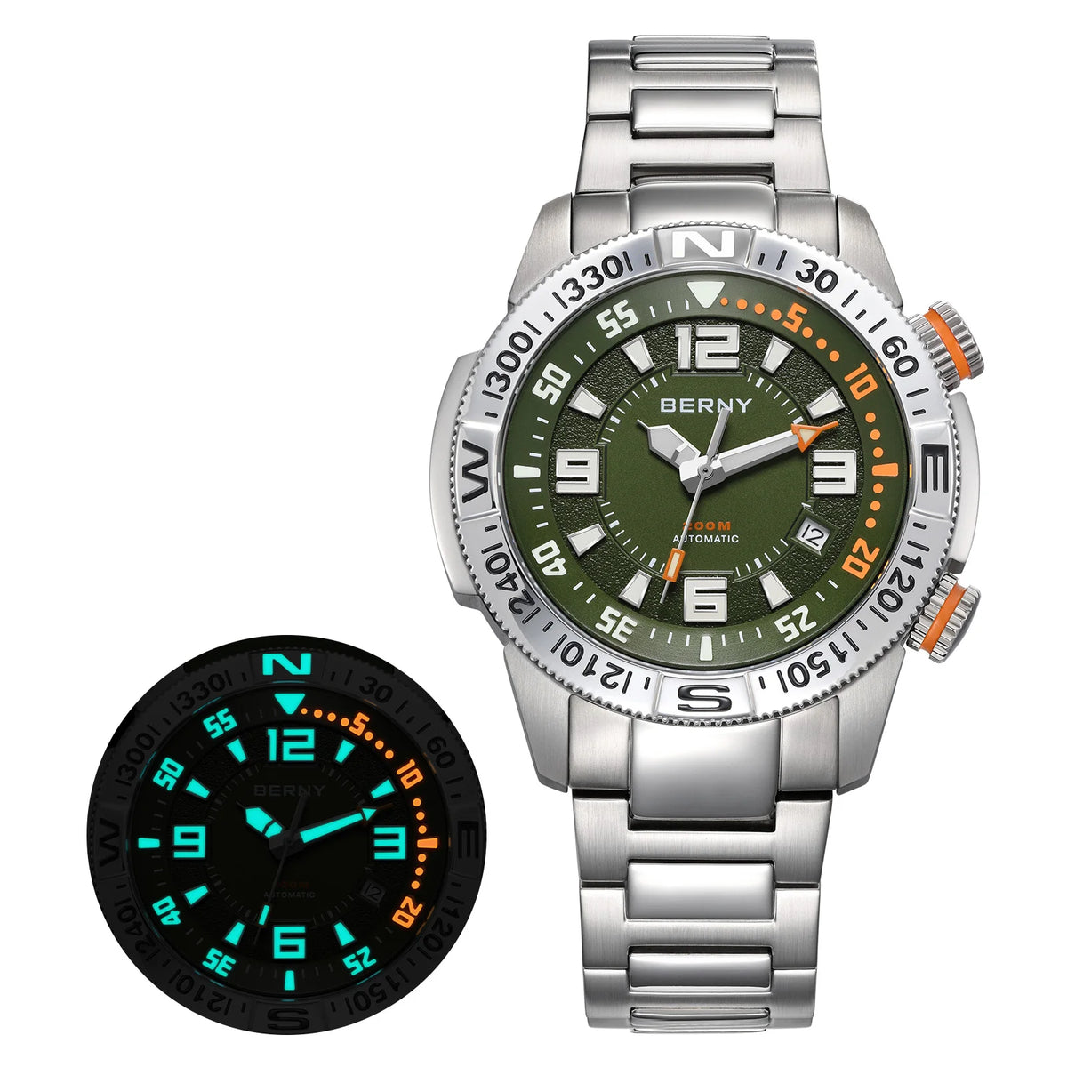 BERNY Automatic Diving Watches for Men 20ATM Super Luminous Mechanical Men's Diver Watch Full S/S Sapphire Swim Dive Wristwatch