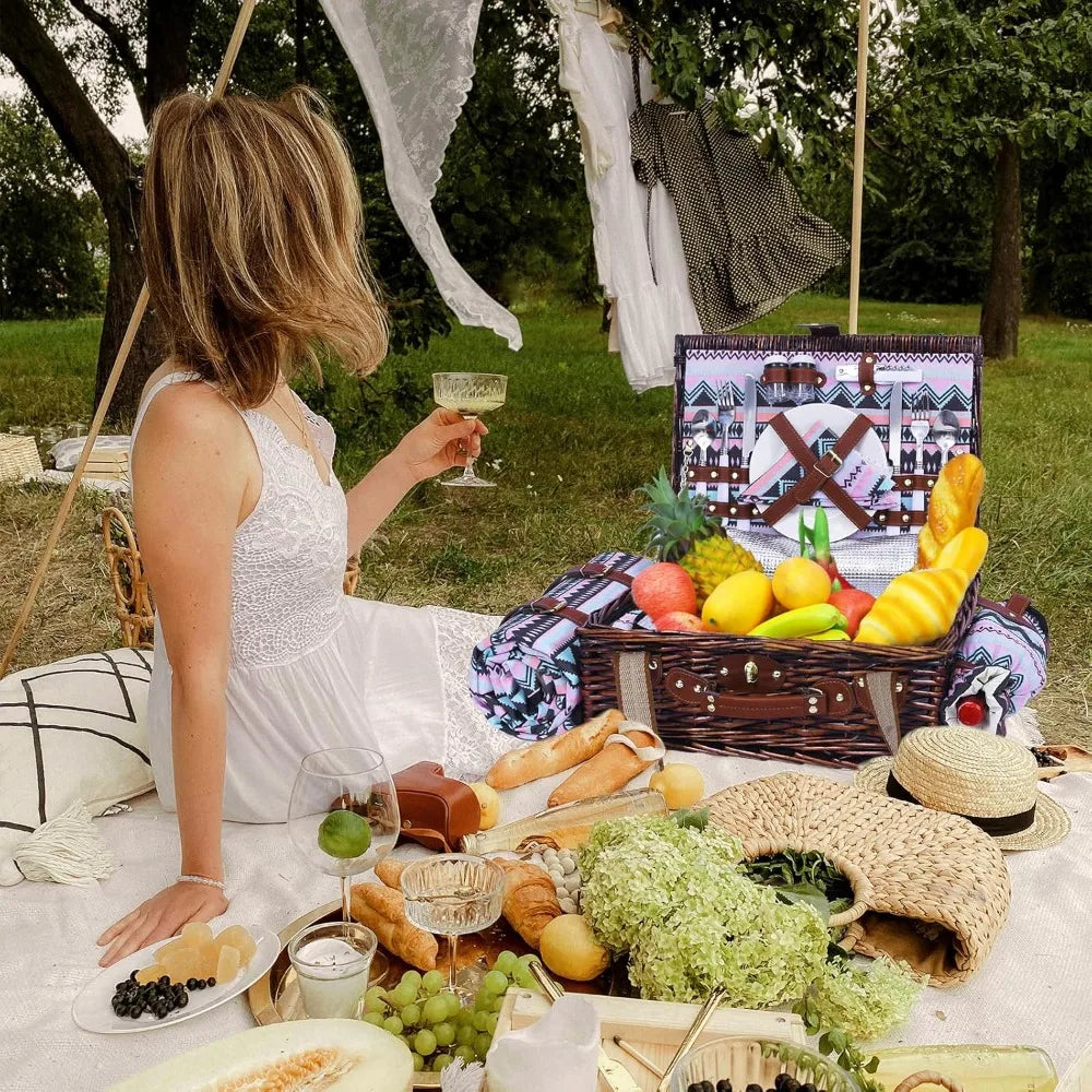 neti neti wicker picnic basket for 2 boho with insulated cooler & waterproof blanket – large willow picnic hamper for outdoor, c