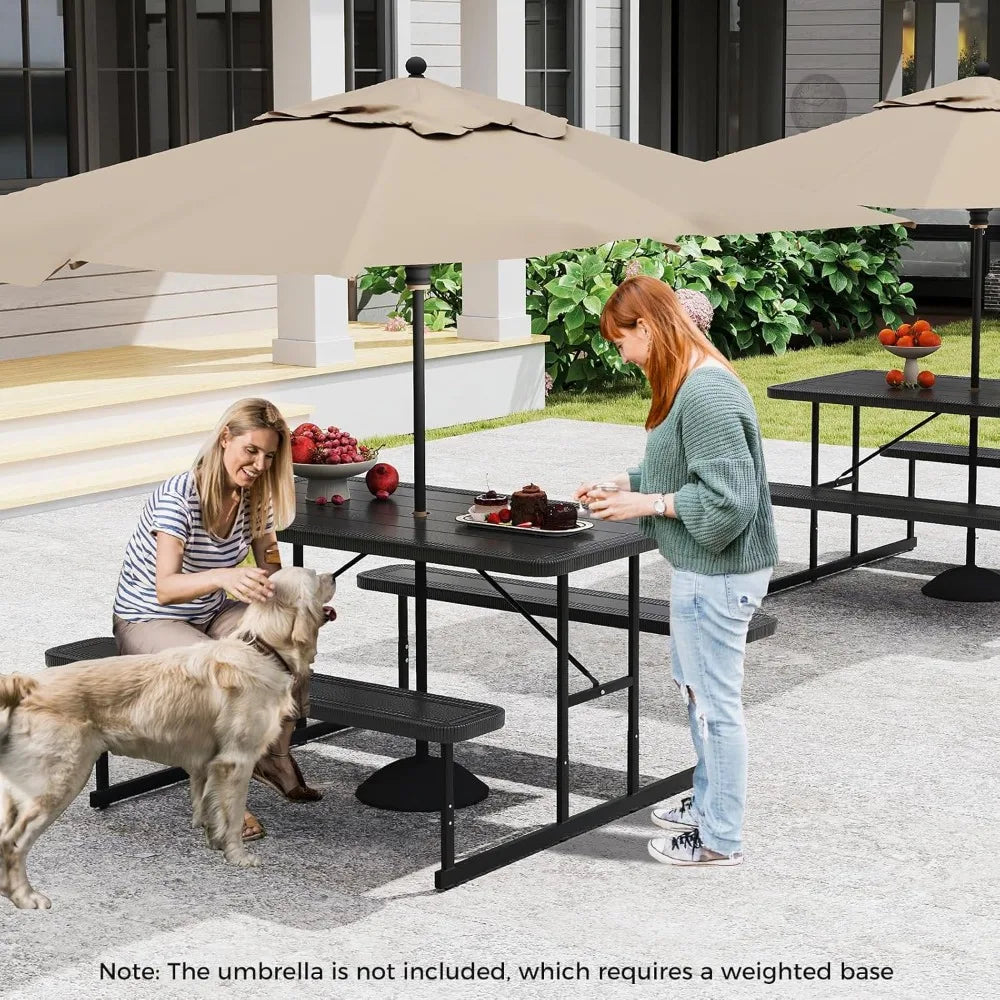 Picnic Table Bench Set for 4 People, 4.5FT Outdoor Rectangular Dining Table & 2 Benches w/Umbrella Hole, HDPE Tabletop