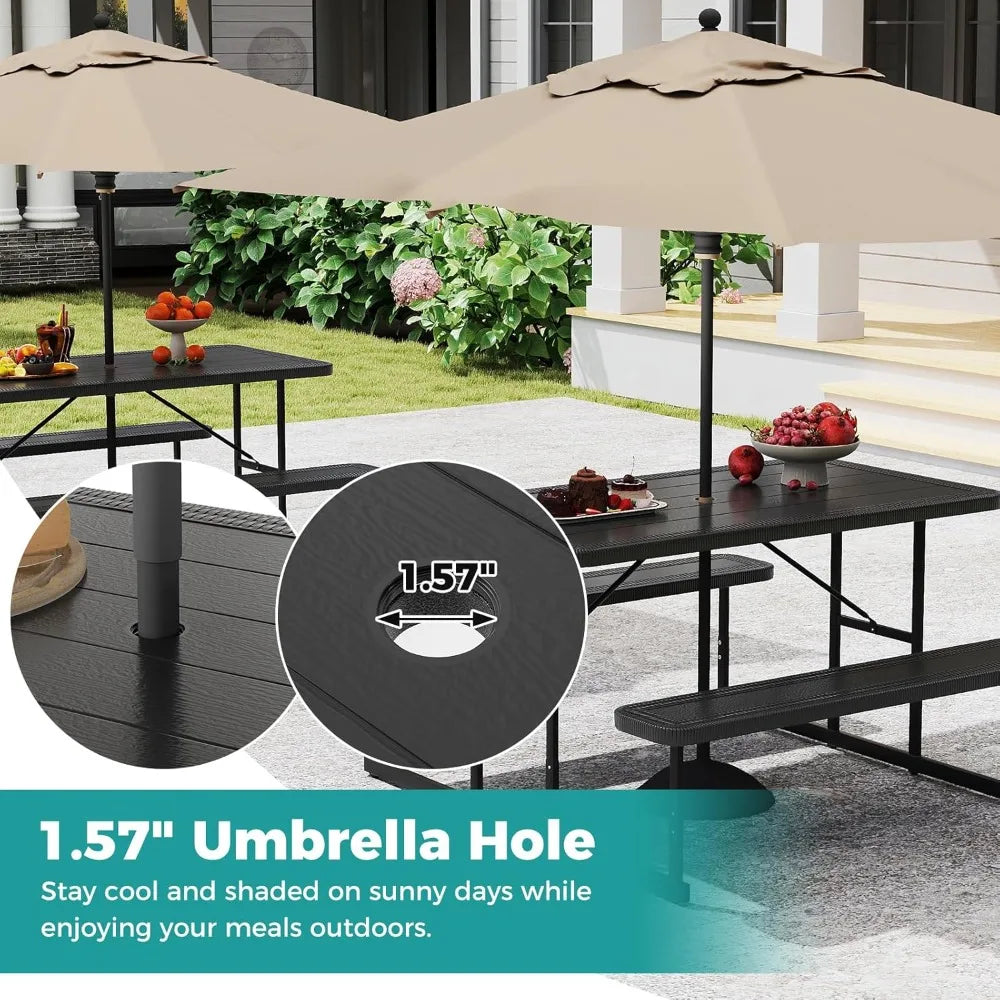 Picnic Table Bench Set for 4 People, 4.5FT Outdoor Rectangular Dining Table & 2 Benches w/Umbrella Hole, HDPE Tabletop
