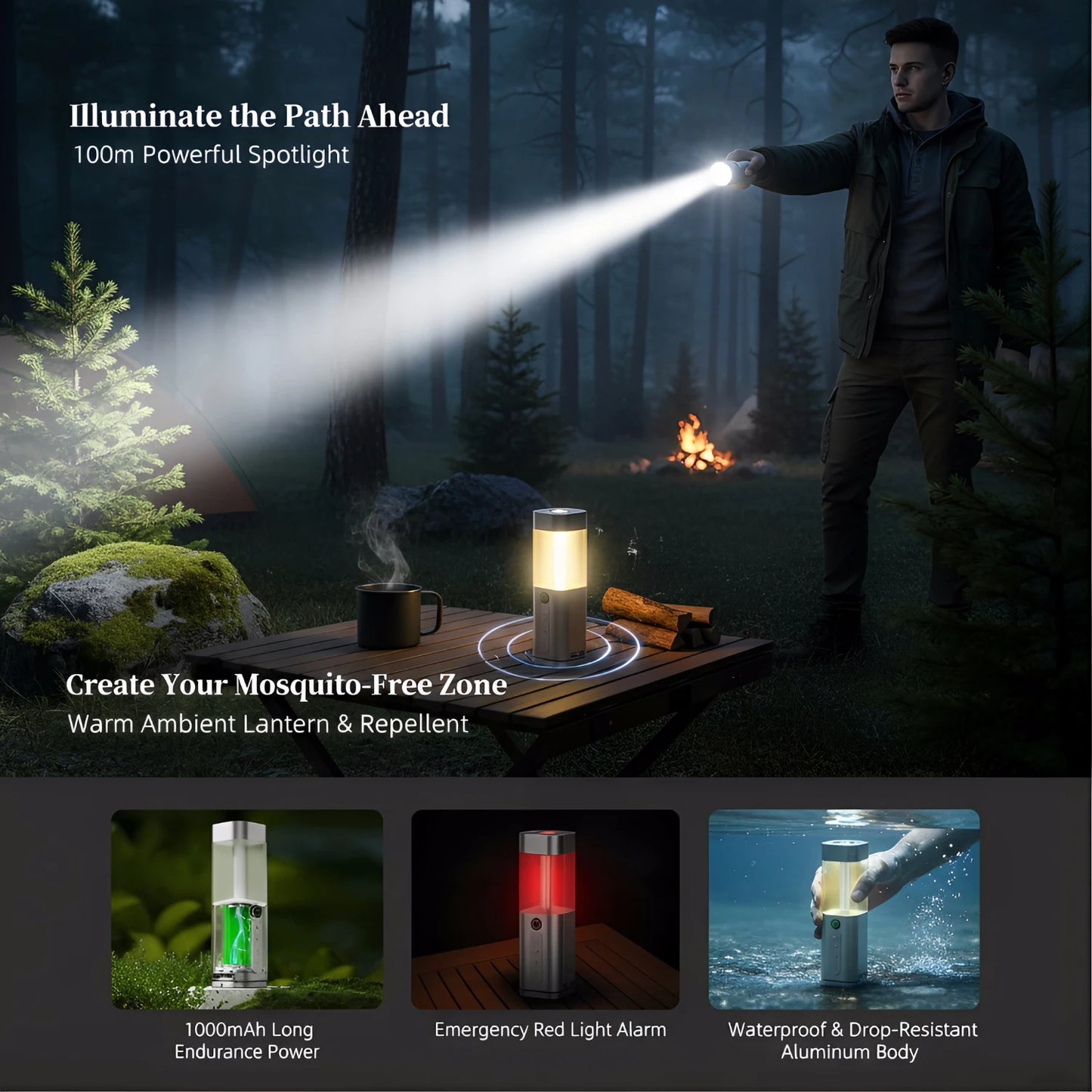 5-in-1 LED Camping Lantern with 4 Light Modes,Compass,Flashlight, for SOS Emergency, Home Use, Backyard,  IPX5 , Waterproof Tent
