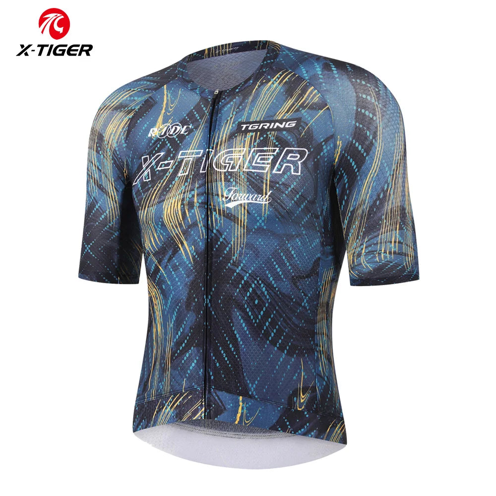 X-TIGER Pro Men's Cycling Jersey High Quality Moisture Wicking Bike Jersey Reflective Safety Strip YKK Zipper 3 Pockets Road Bicycle Clothing