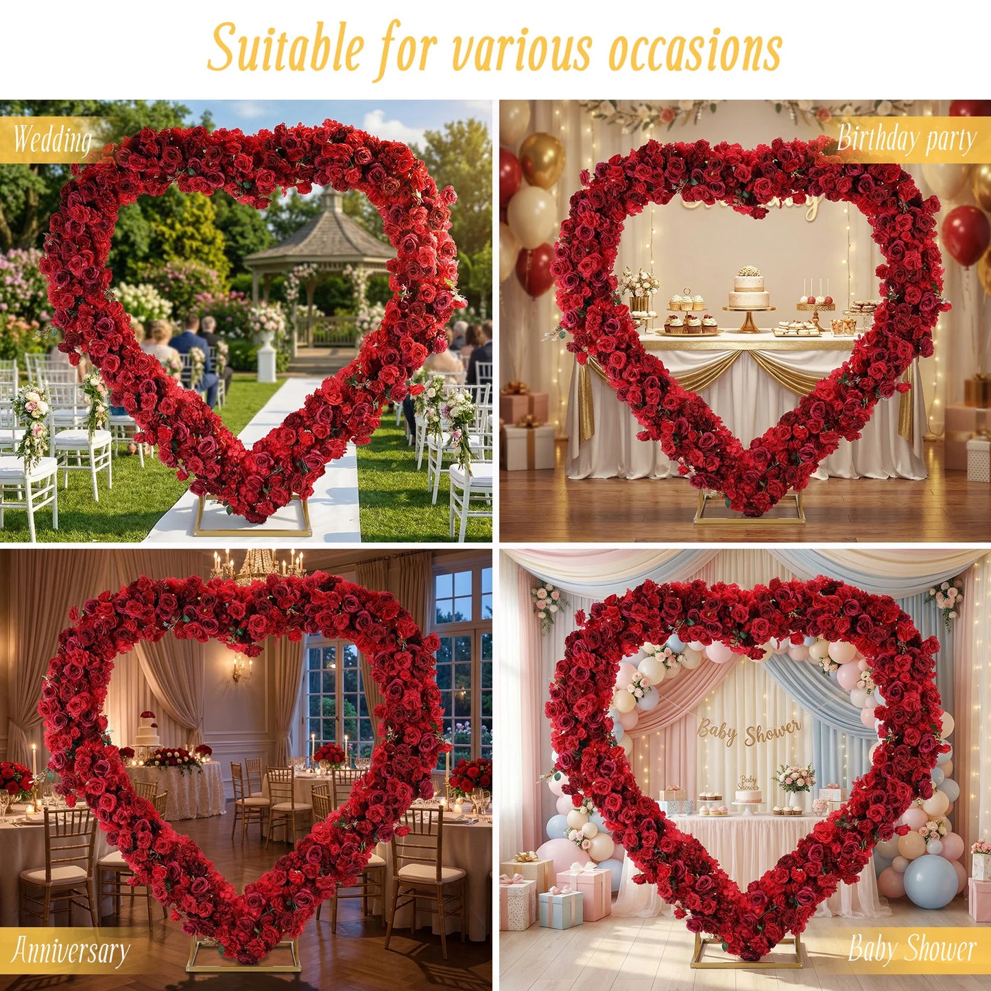 Iron Art Flowers Backdrop Stand Detachable Heart Shape Flowers Arches Stand 3FT for Ceremony Valentines Day Birthday Party Decor
