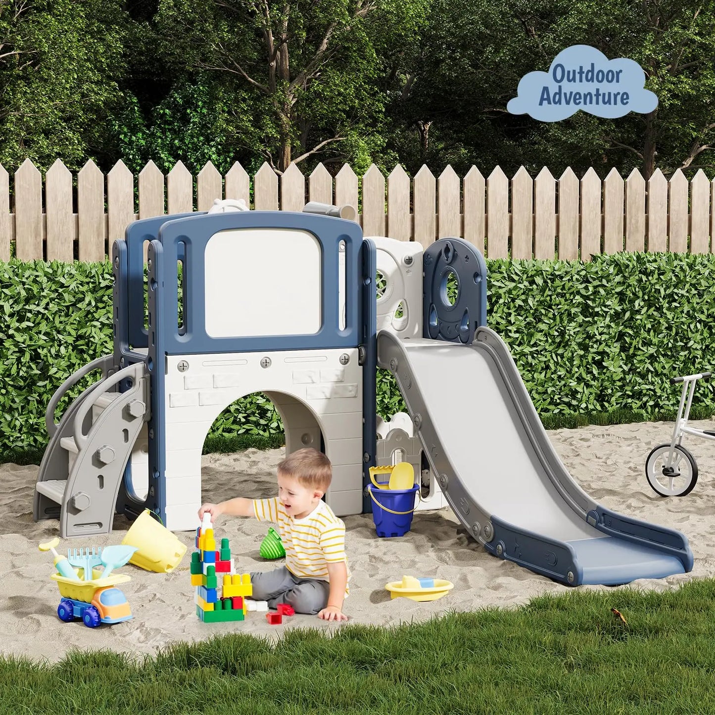 8-in-1 Toddler Slide Climber Playset Indoor Outdoor Playground Activity Center With Basketball Hoop Tunnel Storage Backyard
