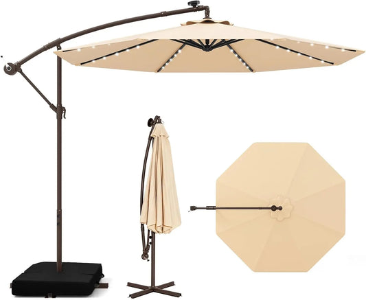 10FT Offset Patio Umbrella with Base, Solar LED Lights, Tilt Adjustment, Crank Handle for Outdoor Pool Yard Deck in Beige