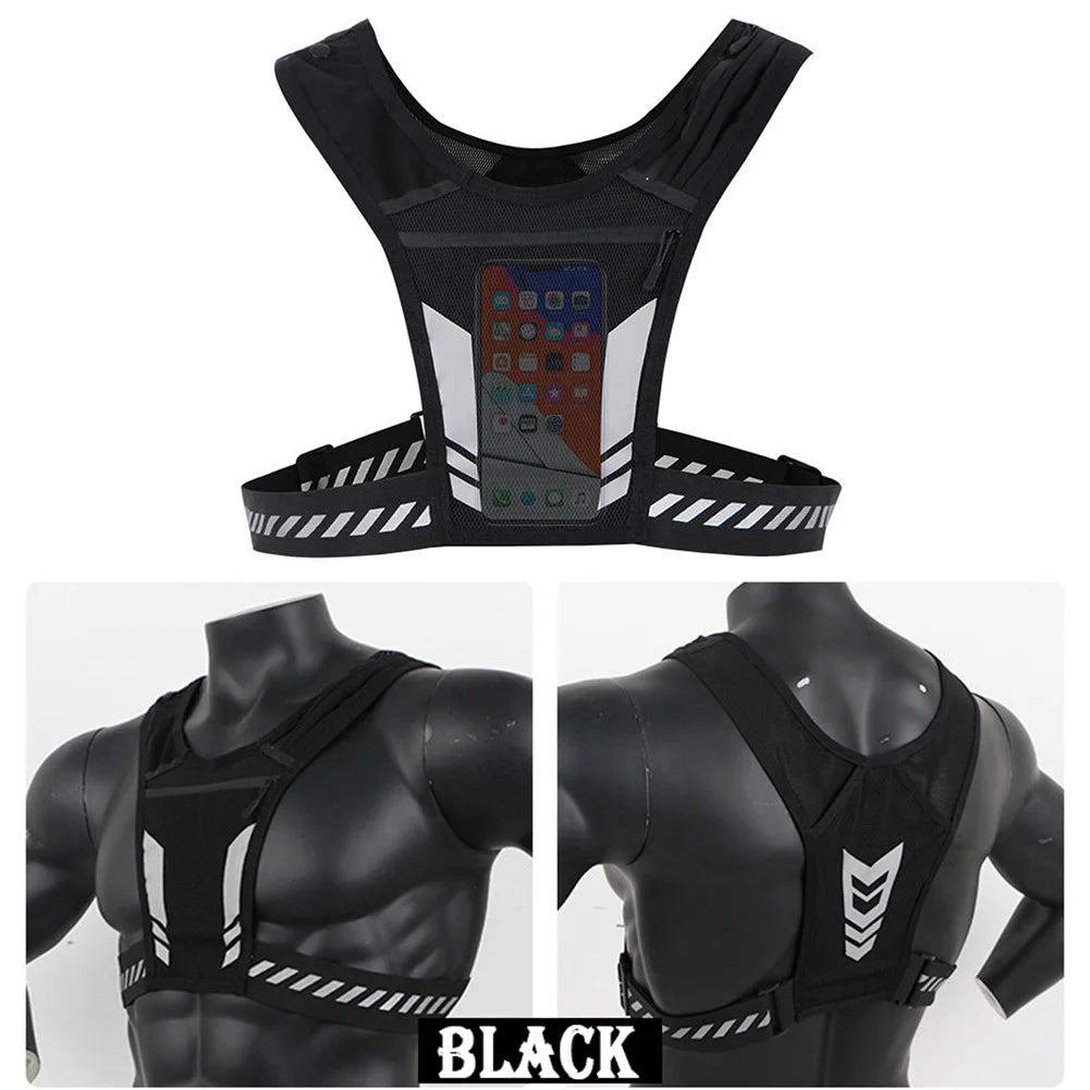 Running Phone Holder Vest Reflective Cycling Vest Unisex Breathable Mesh Running Chest Bag Adjustable Buckle for Men Women