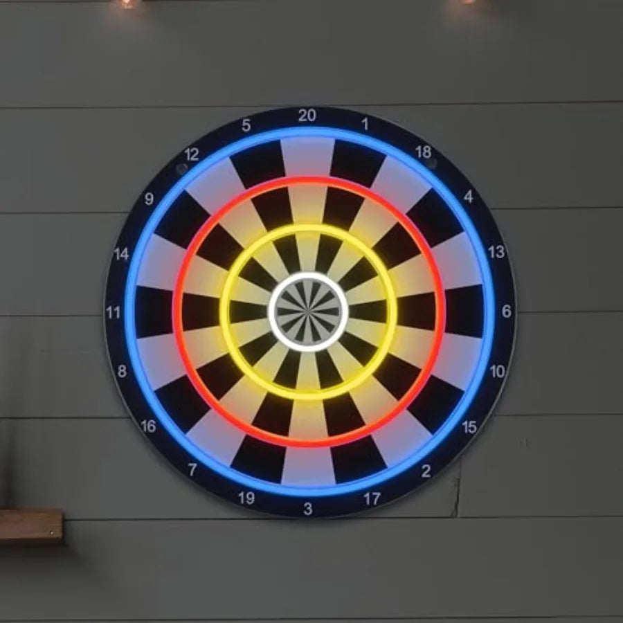 LED light-up dartboard for game room wall decor, ABS plastic, black with blue backlight, safe suction cup darts included