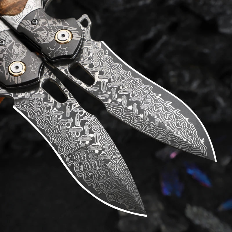 Handmade Japanese Damascus Steel Folding Pocket Knife with Sheath, Men's Pocket Knife, EDC Camping Hunting Knife, Hiking Trip