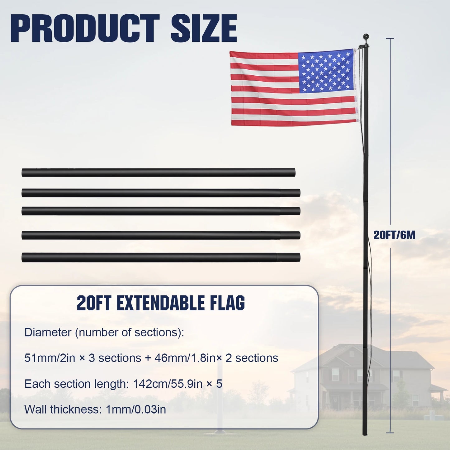 Aluminum Alloy Flag Poles Extra Thick Heavy Duty Flag Pole Holder with 360° Rotating Rings Clip for Residential Outdoor Porch