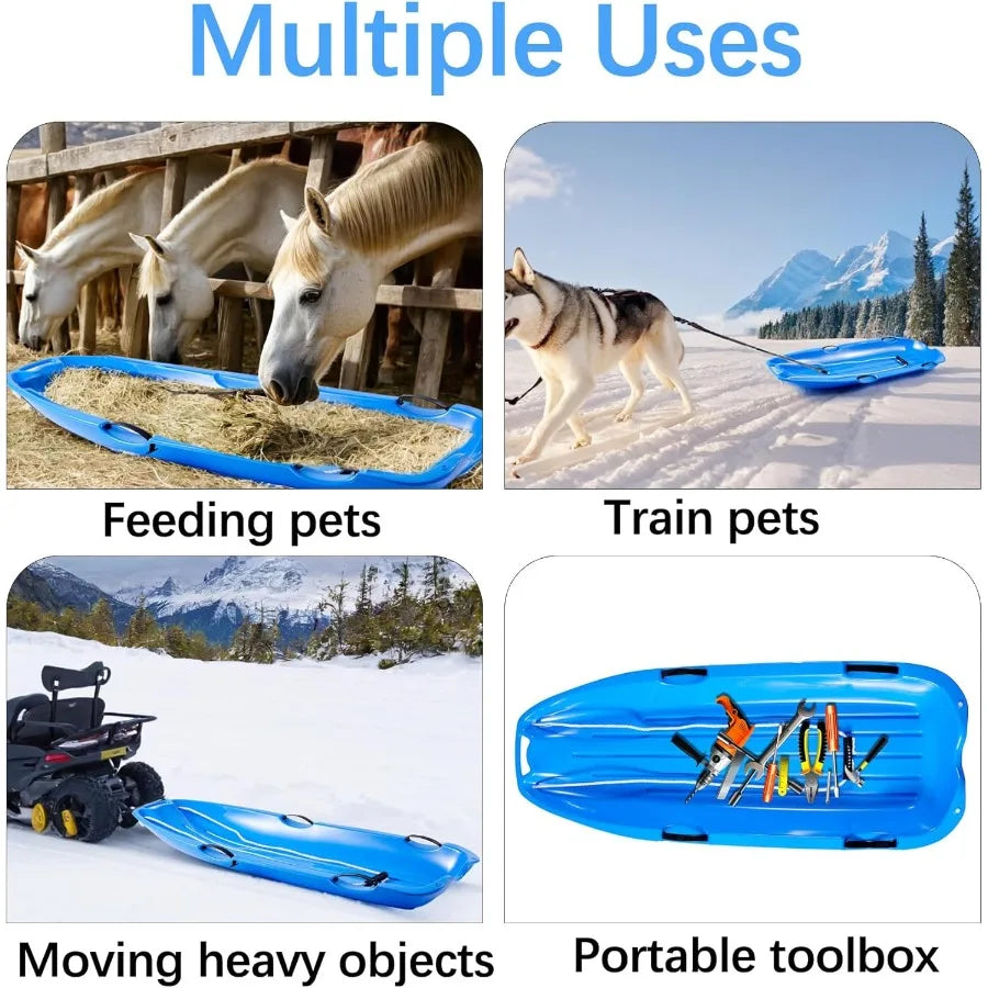 Outdoor Plastic Snow Sled for Adults and 48in with Pull Rope and 4 Handles Blue